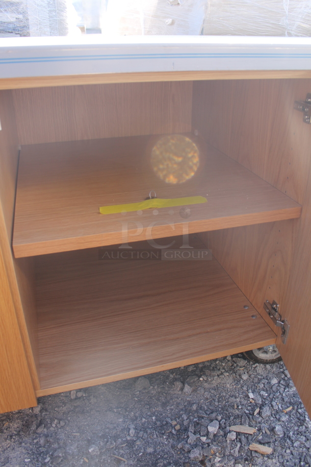 BRAND NEW! ACS FAB LLC Stainless Steel Counter w/ 4 Wood Pattern Doors on Commercial Casters. - Image 3 of 5