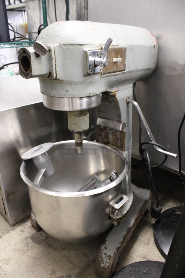 Hobart Model A-20 Metal Commercial Countertop 20 Quart Planetary Dough Mixer w/ Stainless Steel Mixing Bowl, Dough Hook and Paddle Attachments. 115 Volts, 1 Phase. 16x21x30.5. Tested and Powers On But Parts Do Not Move