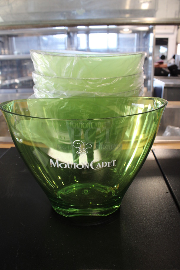4 BRAND NEW! Green Poly Ice Buckets w/ Mouton Cadet Logo. 11x7.5x8. 4 Times Your Bid!