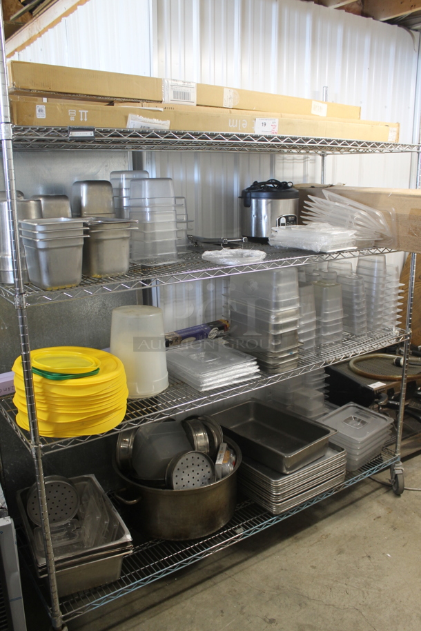 ALL ONE MONEY! Lot of Plastic And Stainless Steel Drop In Bins In Variety of Sizes, Yellow Circular Lids, Plastic Rectangular Lids, Rice Cooker, Baking Sheets, Small Strainers, AND MORE!  - Image 1 of 12