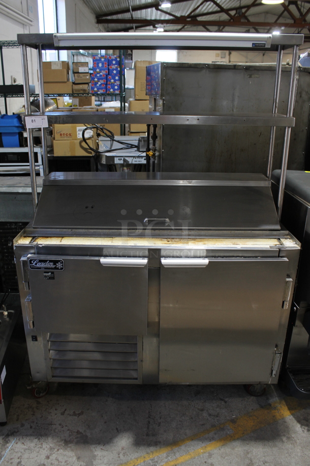 2017 Leader LM48 S/C Stainless Steel Commercial Sandwich Salad Prep Table Bain Marie Mega Top w/ 2 Tier Over Shelf on Commercial Casters. 115 Volts, 1 Phase. Tested and Powers On But Does Not Get Cold - Item #1097602