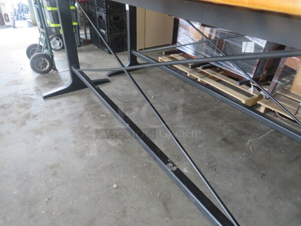 One Wooden Table Top, With An Umbrella Hole, No Holder,  On A Bar Height Black Industrial Base. 95X28X42 - Image 3 of 4