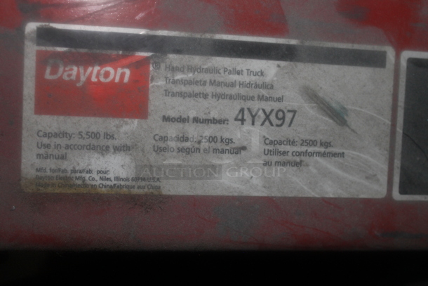Dayton 4YX97 Red Metal Commercial 5,500 Pound Capacity Pallet Truck Pallet Jack. - Image 6 of 6