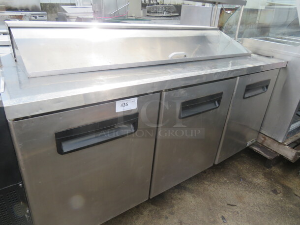 One Blue Air 3 Door Refrigerated Prep Table With 2 SS Over SHelves, 48 Inch Ticket Rail, 10 Inch Wire Basket, And 3 Racks, On Casters. Model# BAPT72. 115 Volt. 72X30X68 - Image 2 of 5