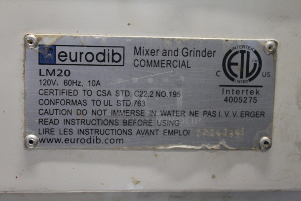 Eurodib LM20 Metal Commercial Floor Style 20 Quart Spiral Dough Mixer w/ Stainless Steel Mixing Bowl, Bowl Guard and Dough Hook. 120 Volts, 1 Phase. Tested and Working! - Image 8 of 8