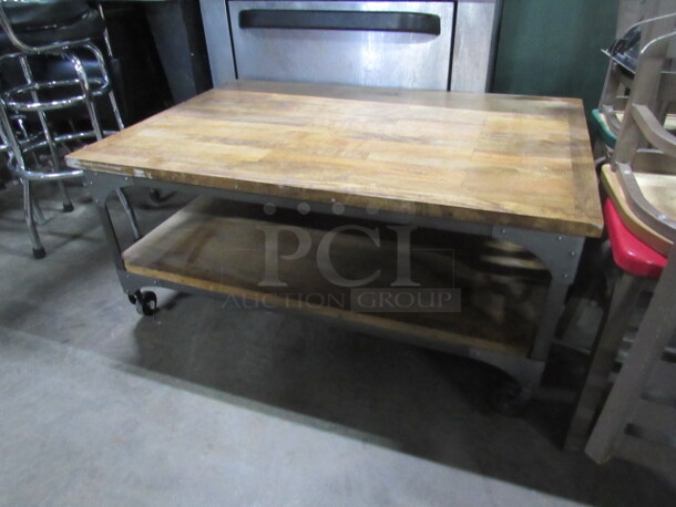 One Industrial Look Wooden/Metal Table With Wooden Under Shelf On Casters.42X28X19