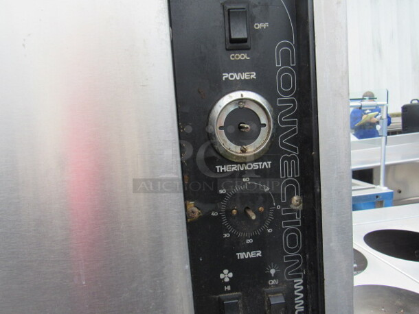 One Majestic American Range  Full Size Natural Gas Convection Oven With 4 Racks, On A SS Equipment Stand With Under Shelf, On Casters. Missing 1 Knob. 40X30X64 - Image 4 of 4
