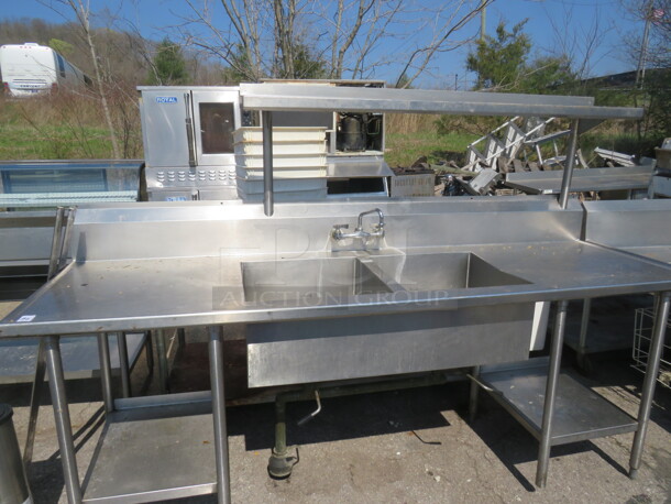 One 2 Compartment Sink With Over Shelf, Under Shelves, R/L Drain Boards, And Faucet. 96X30X66 - Image 1 of 2