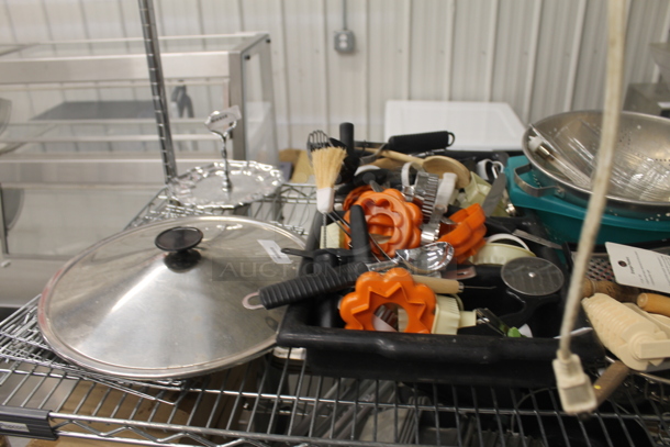 ALL ONE MONEY! Lot of Strainers, Stainless Steel Masher, Steel Drop In Bins, Hand Mixers, Small Steel Pot, Cuisinart Food Processor, Muffin Baking Sheets, Coffee Maker, Heart Shaped Wicker Basket, Salt And Pepper Shakers, Christmas Decorations, 2 Boxes Of NEC SP-32 Speakers AND MORE! Does Not Include Metro Shelf. - Image 8 of 12