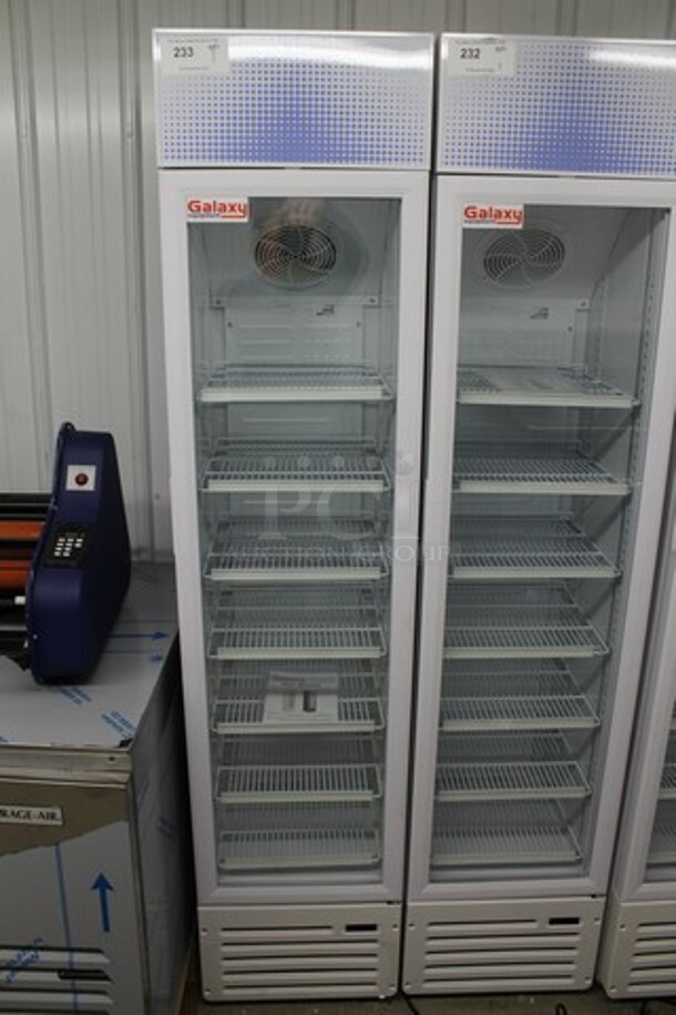 BRAND NEW SCRATCH AND DENT! Galaxy 177GDN5RBB Metal Commercial  16 1/2" White Swing Glass Door Merchandiser Refrigerator with Red, White, and Blue LED Lighting. 115 Volts, 1 Phase. Tested and Working! - Image 2 of 5