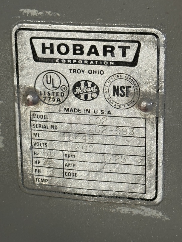 Hobart M 802 Metal Commercial Floor Style 80 Quart Planetary Dough Mixer w. Stainless Steel Mixing Bowl, Dough Hook, Paddle and Whisk Attachment. 200 Volts, 3 Phase.  - Image 3 of 9