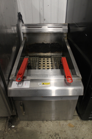CPG Cooking Performance Group Stainless Steel Commercial Countertop Natural Gas Powered Deep Fat Fryer w/ 4 Basket Pushers.