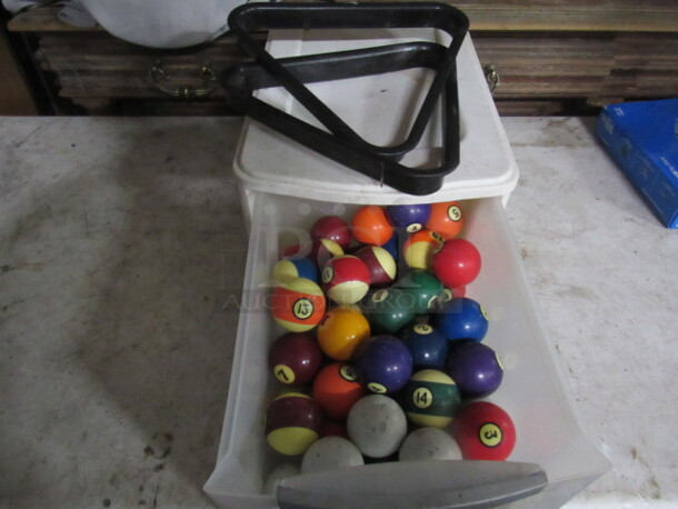 One Lot Of Assorted Pool Balls And 2 Racks.