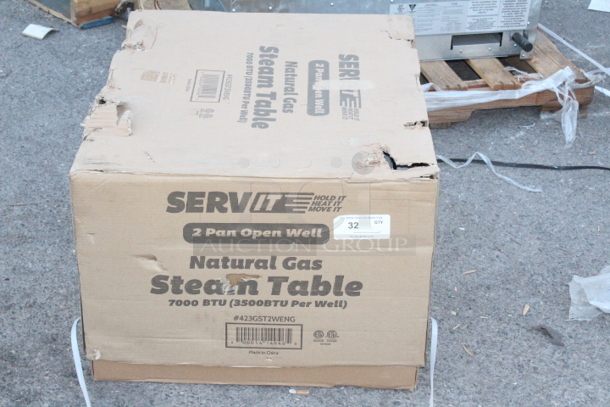 BRAND NEW SCRATCH & DENT! ServIt GST-2WE-NG Two Pan Open Well Natural Gas Steam Table with Undershelf - 7000 BTU 29 5/16 x 30 3/16 x 34. Original packaging is damaged.  - Image 2 of 5
