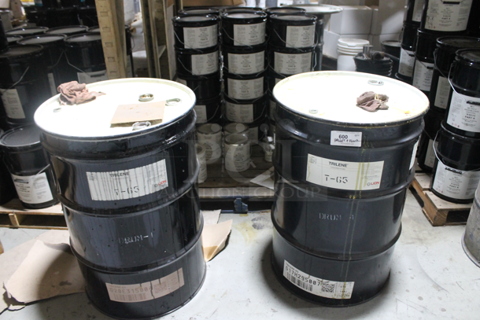 ALL ONE MONEY! PALLET LOT of Various Items Including Poly Buckets of MC Poly Restoration Coating White Part B and 2 Metal Barrels of Trilene. BUYER MUST REMOVE.