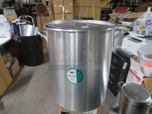 One NEW Vollrath 80 Quart Aluminum Stock Pot With Steamer Basket And Lid.