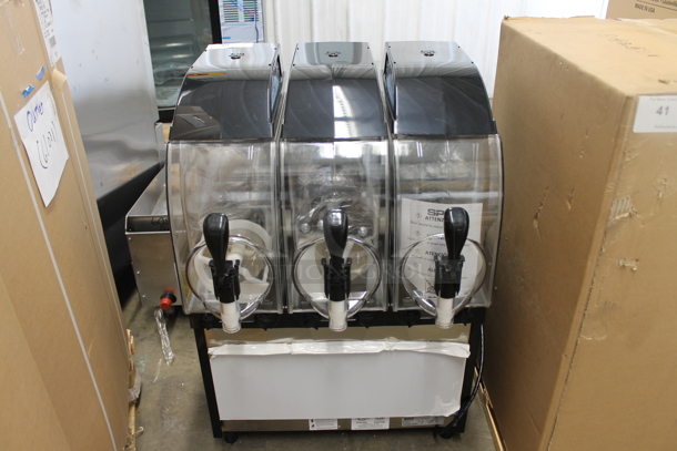 BRAND NEW IN BOX! 2021 SPM I-PRO 3 E Stainless Steel Commercial Countertop 3 Hopper Slushie Machine. 115 Volts, 1 Phase. Stock Pictures Used. Tested and Powers On But Does Not Get Cold - Image 1 of 6