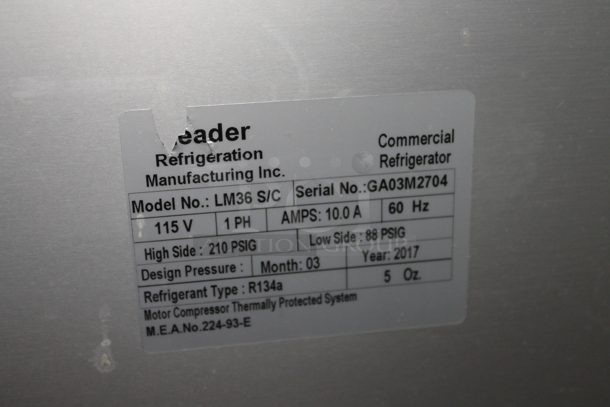 2017 Leader LM36 S/C Stainless Steel Commercial Sandwich Salad Prep Table Bain Marie Mega Top on Commercial Casters. 115 Volts, 1 Phase. Cannot Test - Unit Trips Breaker
 - Image 7 of 10