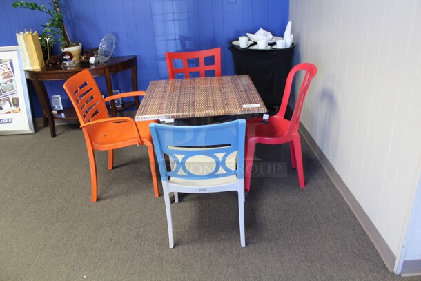 ALL ONE MONEY! Table (31x31x29) And 4 Chairs. Table Top Is Simulated Plastic Basket Weave 
