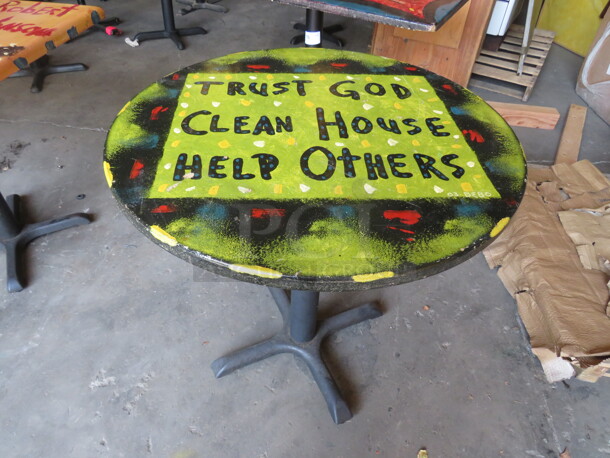 One 30X30X30 Hand Painted Table On A Pedestal Base. 
