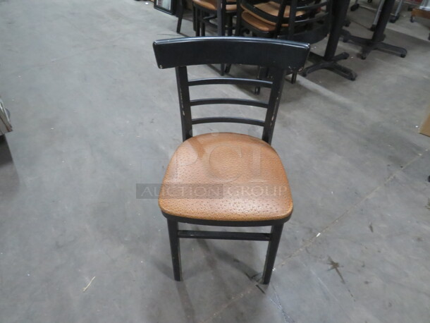 Black Wooden Chair With Beige Leather Look Cushioned Seat. 4XBID