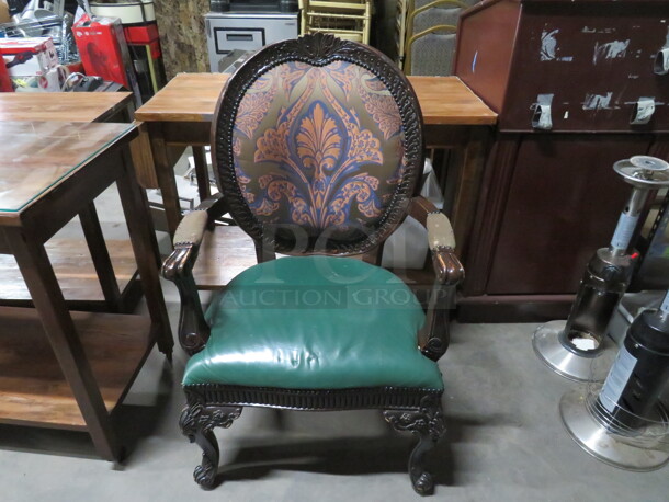 Wooden Arm Chair With Cushioned Seat And Back.