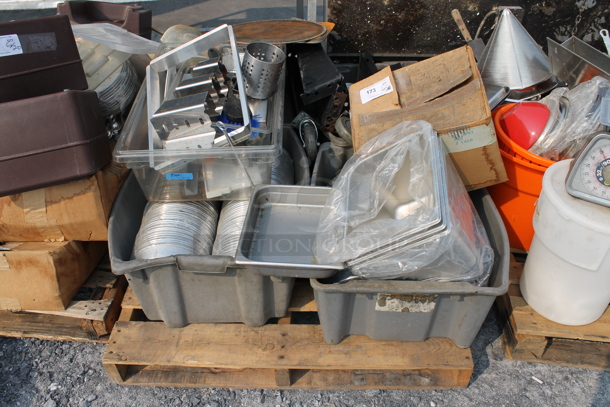 ALL ONE MONEY! Lot of Steamer Basket, Steel Drop In Bins, Colander, Plastic Lids, Wood Pallet AND MORE!  - Image 1 of 6