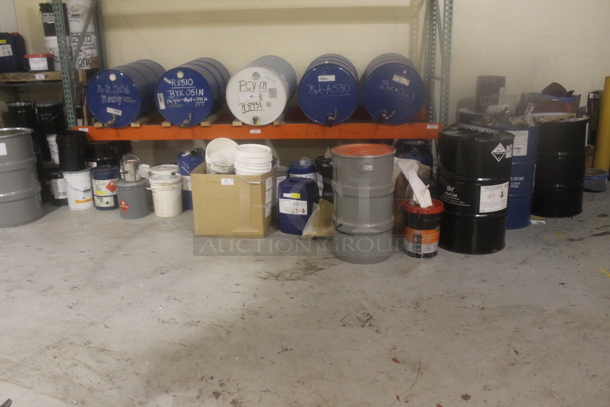 ALL ONE MONEY! MEGA LOT of Various Metal Barrels and Poly Buckets of Various Contents; Aluminum Paste, Ammonium Hydroxide and Liquid Roof. BUYER MUST REMOVE. - Image 1 of 12