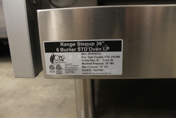BRAND NEW SCRATCH AND DENT! Cooking Performance Group CPG 351S36SUL Stainless Steel Commercial Propane Gas Powered 2 Tier 6 Burner Range w/ Oven, Back Splash and Over Shelf. 210,000 BTU. Tested and Working!
 - Image 5 of 8