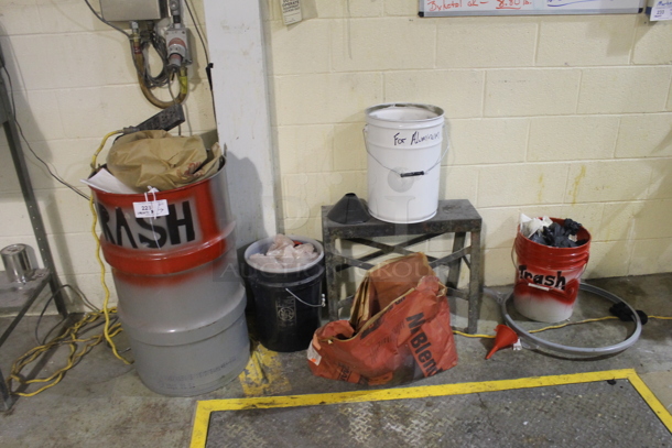 ALL ONE MONEY! Lot of Various Items Including Metal Barrel, Metal Stand and Poly Buckets. BUYER MUST REMOVE.  - Image 1 of 5