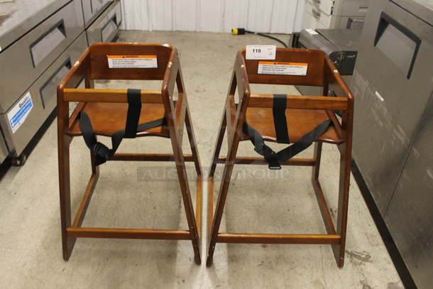 2 Kolala Kare KB800-24-TRI Wooden Restaurant High Chairs With Waist Strap. 2 Times Your Bid! Cosmetic Condition May Vary.  - Image 1 of 5