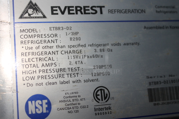 Everest ETBR3-D2 Stainless Steel Commercial 2 Drawer and 1 Door Chef Base on Commercial Casters. 115 Volts, 1 Phase. Tested and Working! - Image 8 of 8