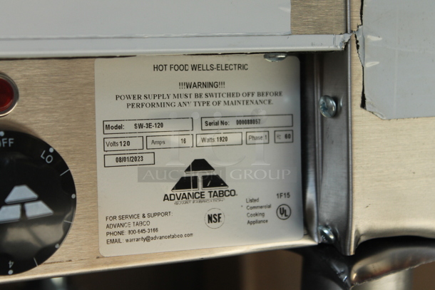 BRAND NEW SCRATCH AND DENT! Advance Tabco SW-3E-120 Stainless Steel Commercial Electric Powered 3 Bay Steam Table w/ Under Shelf. 120 Volts, 1 Phase. Tested and Working! - Image 3 of 4