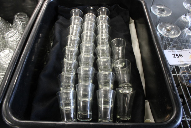 ALL ONE MONEY! Lot of 123 Shot Glasses in Black Poly Bus Bin. 2x2x3.5
