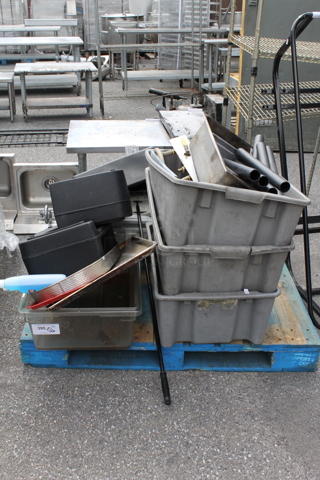 ALL ONE MONEY! PALLET LOT of Various Items Including Poly Gray Bins and Black Booster Seats