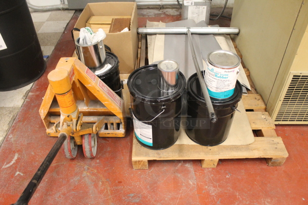 ALL ONE MONEY! Lot of Pallet w/ Contents and Pallet Jack Base. BUYER MUST REMOVE. - Image 1 of 6