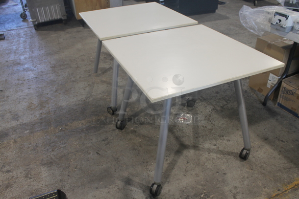 2 White Square Tables With Steel Legs On Commercial Casters. 2 Times Your Bid!  - Image 3 of 3