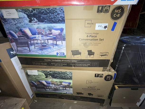 Mainstays Tuscany Ridge Outdoor 4 Piece Wicker Conversation Set, Blue. 4-piece patio furniture set includes a cushioned loveseat, two chairs, and a coffee table. Each chair measures 30.75"D x 30.75"W x 32.75"H; Loveseat measures 52"W x 30.75"D x 32.75" H; Coffee table measures 21.5"W x 38"D x 19.5"H. 2x Your Bid - Image 7 of 8