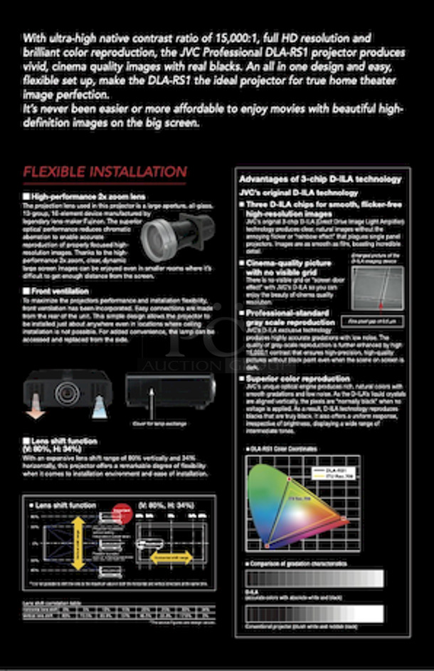 DO NOT PASS THIS BY!! JVC DLA-RS1 Reference Series 1080p 3-Chip D-ILA HD Projector HDMI.
110 V – 240 V AC, 50/60 Hz
18" x 17-9/16 x 7-1/4"  - Image 8 of 9