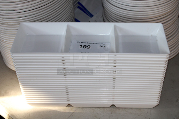 SPLENDIFEROUS! Thunder Group White Melamine Rectangular 3 Section Compartment Trays. 15"x6"x1-3/8". 23x Your Bid. Items In This Lot Are LIKE NEW Condition!   - Image 1 of 6