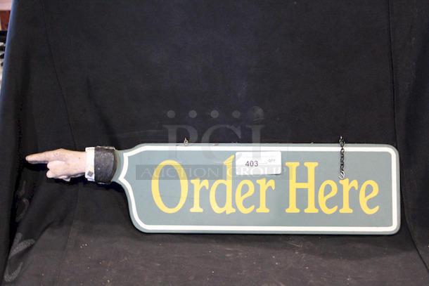 CLASSIC! Order Here, Wood Sign With Carved Hand Pointing to The Right, With Chain to Mount & Hang. 
33-1/2x8