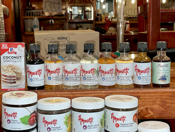 BREWER'S MONSTER LOT: 
Amoretti 2 FL OZ (60 ml) Extracts: Ginger W.S. EXTRACT #522, Chocolate "Crème de Cacao" W.S. Extract #72, Natural Habanero Hot Pepper W.S. Extract 689,  Juniper Berry Terpeneless O.S. Extract #663, Natural Roasted Peanut W.S. Extract #1356, Italian Hazelnut Liqueur Type
W.S. Extract #503, Natural Pumpkin Pie Sauce W.S. Extract 1285, Organolicious
Premium Blue Agave Nectar Amber 
Amoretti 4fl Oz: Cherry Marbleizing Swirl #SW12-V1, Pineapple Marbleizing Swirl #SW16, Mojito Marbleizing Swirl #SW27, Hazelnut Compound #336, Passion Fruit ARTISAN #ART1-NS, Red Sour Cherry COMPOUND #302-V1, Irish Coffee
COMPOUND #3087, Pineapple COMPOUND #301, Marshmallow W.S. EXTRACT #1010, Chai "Tea" COMPOUND #399, Lychee COMPOUND #384, Wine Blossom COMPOUND #3036, Pineapple ARTISAN #ART10, Coconut
SWIRL #SW17, Blood Orange SWIRL #SW383-VI, 
McCormick Coconut Extract
Beer Craft: Black Crown Caps, Calcium Carbonate, Gypsum x2, 
Pure: Calcium Sulfate Dihydrate Gypsum
Citric Acid & Calcium Chloride - Image 2 of 11