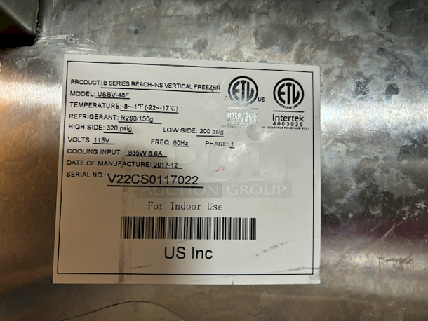 TESTED! WORKS PERFECT! US Refrigeration USBV-48F 54-3/8" 2 Door Reach-In Freezer. Temperature Range -13F to -1.4F, 115v, 10.5 Amps, 6 Shelves, On Commercial Casters. 54-3/8"W x 31-1/2"D x 84"H - Image 3 of 3
