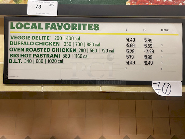 NICE! Magnetic Menu Board. Easily Attach This Board to Any Magnietic Surface Using Magnets On Top off The Menu Board. Easily Change Out Menus By Removing The Magnetic Outside Boarder. 

24-3/4x9 - Image 1 of 5