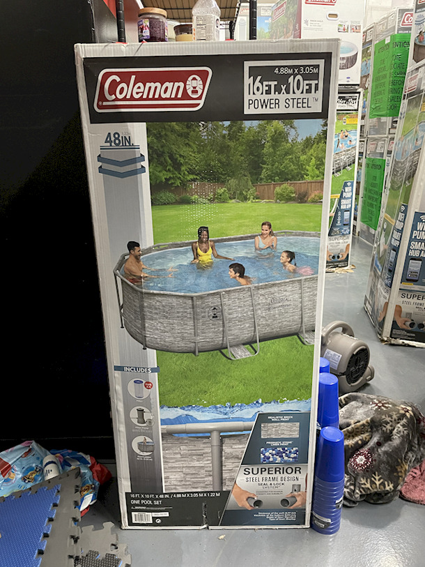 [4] Coleman 16’x10’ Power Steel Frame Pool Sets. Each Set Contains: 1 pool, 1 Filter Pump (compatible with Type III cartridge), 1 Ladder. 16ft x 10ft x 48in. 4x Your Bid