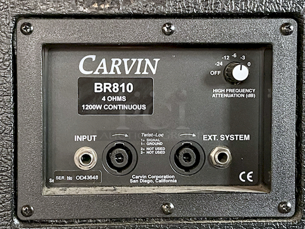 EXCELLENT! Carvin BR810 Bass Cabinet - 8 Heavy-Duty 200w 10” Woofers,  1” Titanium HF Driver,  Imp: 4Ω,  Power handling: 1200 Watts,  5 position Tweeter Attenuator,  Casters Built-in, Freq. Resp: 58 to 20K H z  -3dB - Useable To 38 Hz @ -10dB, Sensitivity :  110 dB @ 1w and 141 dB @ 1200w - 23.25W x 18.25D x 47.75H - Image 4 of 5