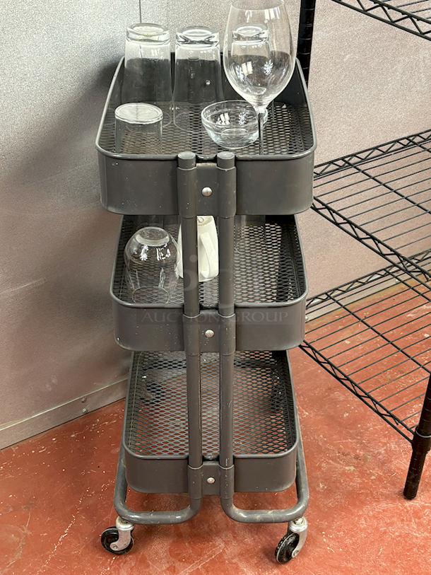 NICE!! 3 Shelf Rolling Cart Perfect For Glass Transport. Includes Glasses. - Image 4 of 7