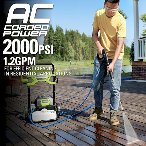 NEW IN THE BOX!! Greenworks 2000PSI Electric Pressure Washer. For Use With Wood, Masonry and Automotive. Includes: Pressure washer, Handle assembly, Soap tank, Trigger handle, Wand assembly, 25' High pressure hose, Hook & loop hose wrap, 25°
Tip, 40° Tip, Soap tip, Turbo nozzle, Tip cleaner, Operator's manual and Quick start guide - Image 4 of 12