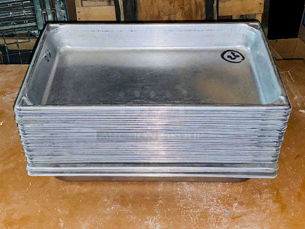 EVERYTHING ON THE SHELVES! Includes 8 Perforated Full Size Pans (2” Deep”), 46 Stainless Steel Milkshake Cups, 3 Full Size Pans (4” Deep), (3) 6” Deep 1/3 Pans, ¼ Pan, 4” Deep Full size Pans, (79)  Aladin Temp-Rite Induction Heated Dishes With (39) Covers and (25) Bowls,  San Jamar SAF-T-ICE Tote.  - Image 6 of 12