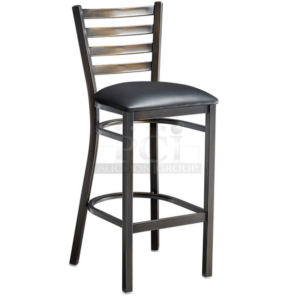 BRAND NEW SCRATCH & DENT! Lancaster Table & Seating (10) Black Finish Cross Back & (1) Distressed Copper Finish Ladder Back Bar Stools with 2 1/2" Navy Vinyl Padded Seat. 11x Your Bid  - Image 3 of 12